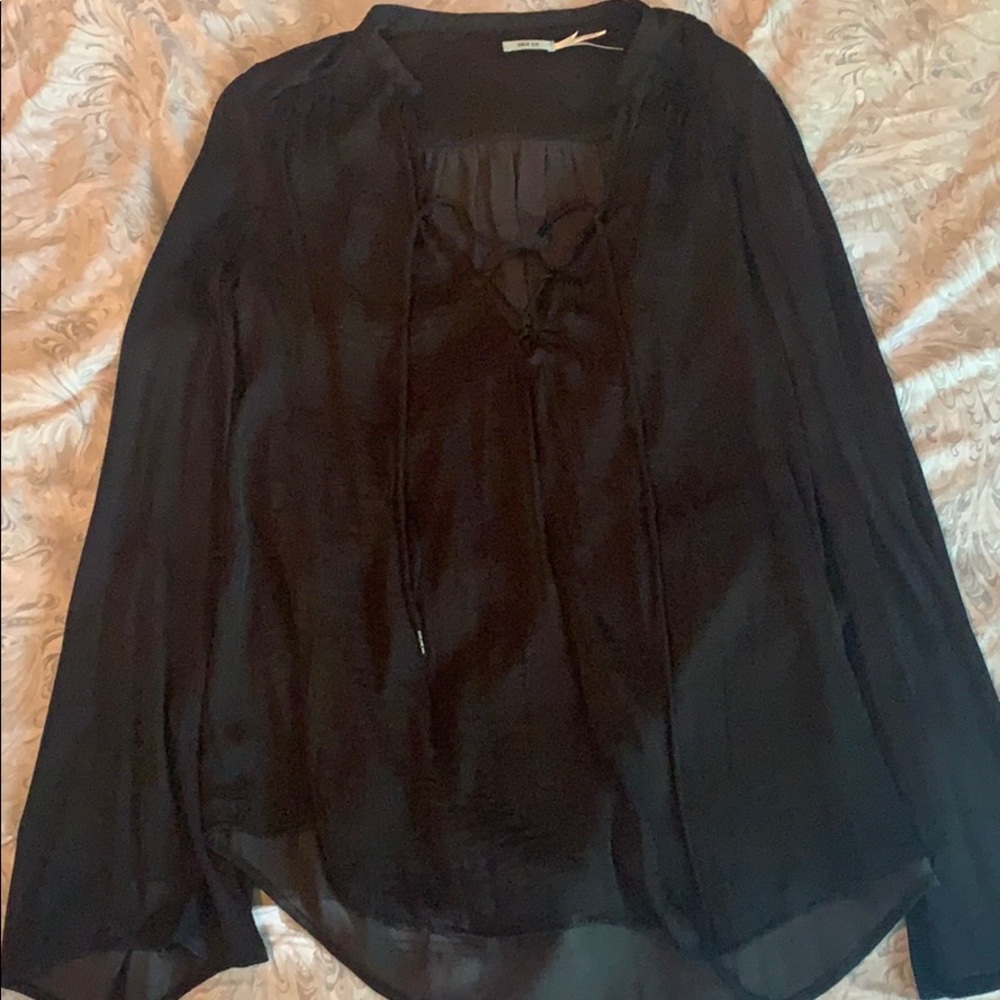 Black silk tie up long sleeve top